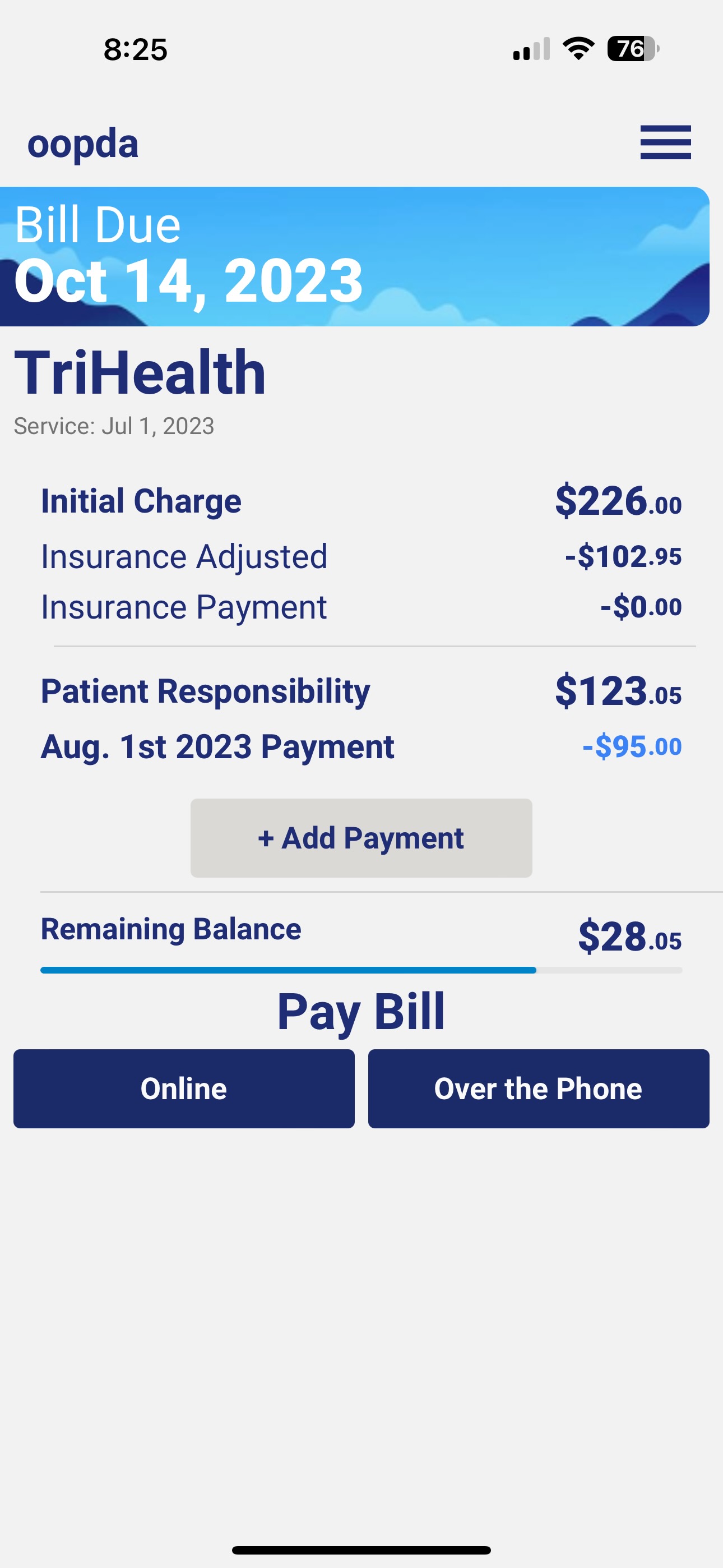 A screen showing the total owed for various bills.