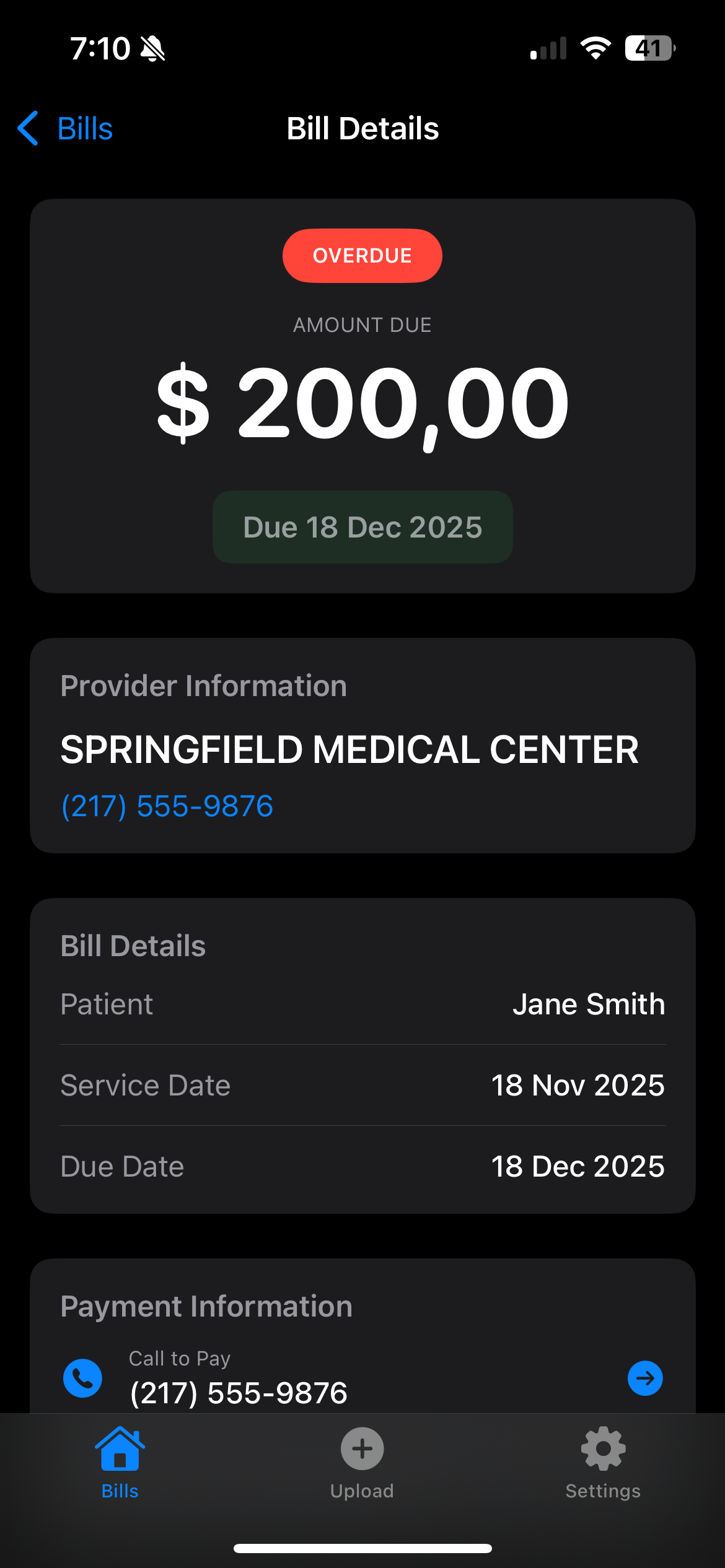 Bill details screen showing charges breakdown
